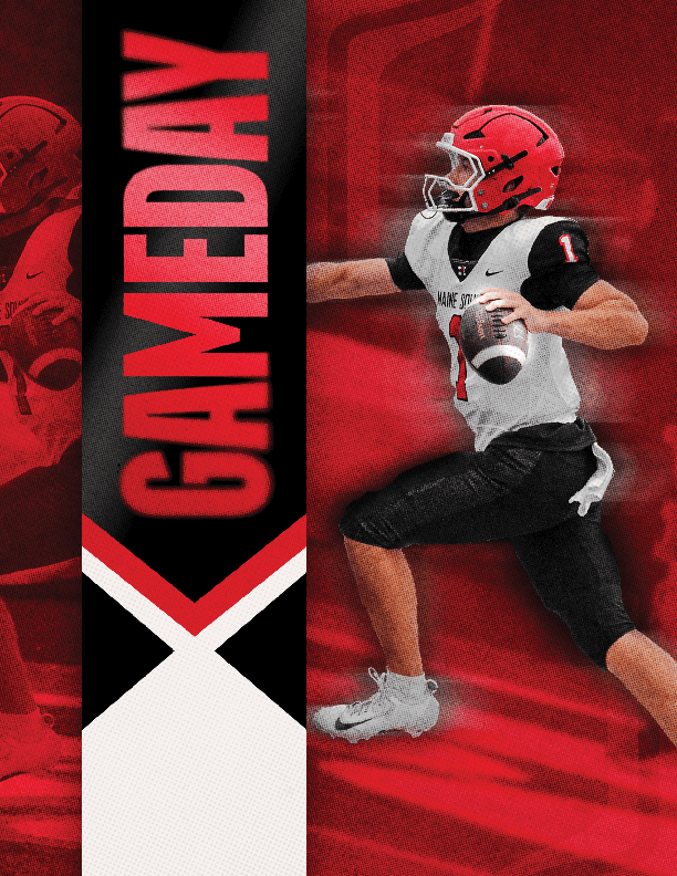 A person wearing a red helmet and black and white football uniform is poised to throw a football with the word GAMEDAY displayed vertically in bold red letters on a black and white background. Description generated by AI