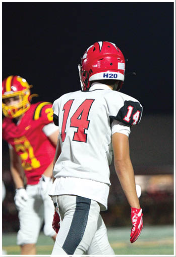 A person wearing a red helmet and white football uniform with the number 14 is standing on a football field at night. Description generated by AI
