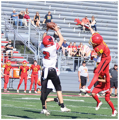 A person in a white and black football uniform is jumping to catch a football while players in red uniforms and a referee watch on a green field with spectators in the stands. Description generated by AI