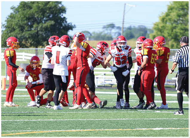 People in red and white football uniforms are gathered on a green field with a referee nearby during a game. Description generated by AI