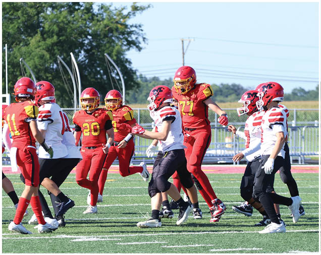 Children wearing red and white football uniforms are actively playing a game on a green field under a clear sky. Description generated by AI