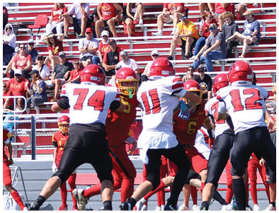 A group of people wearing football uniforms are playing on a field with spectators sitting in bleachers behind them under a clear sky. Description generated by AI
