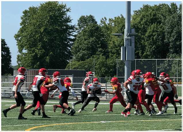 Children wearing helmets and football uniforms are playing a game on a green outdoor field with trees and a fence in the background. Description generated by AI