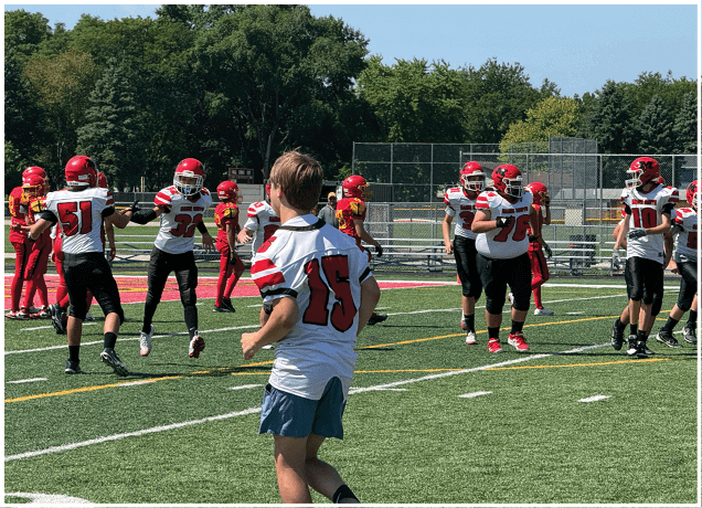 Children wearing football uniforms are gathered on a grassy field with trees and bleachers in the background. Description generated by AI