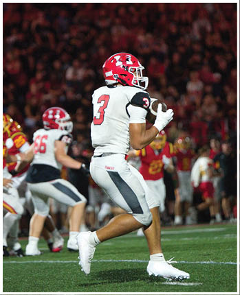 People wearing football uniforms are engaged in a play on a field with a crowd in the background. Description generated by AI