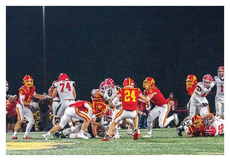 People wearing sports uniforms and red shirts stand on the sidelines of a football field holding helmets. Description generated by AI