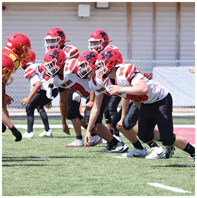 People in football uniforms are lined up in a ready stance on a grassy field, preparing for a play. Description generated by AI