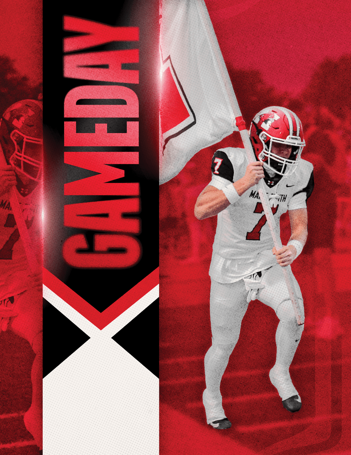 A person wearing a red helmet and black and white football uniform is poised to throw a football with the word GAMEDAY displayed vertically in bold red letters on a black and white background. Description generated by AI