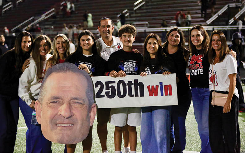 A group of people standing on a sports field holding a sign that says “250th win" with one person holding a large cutout of a smiling face. Description generated by AI