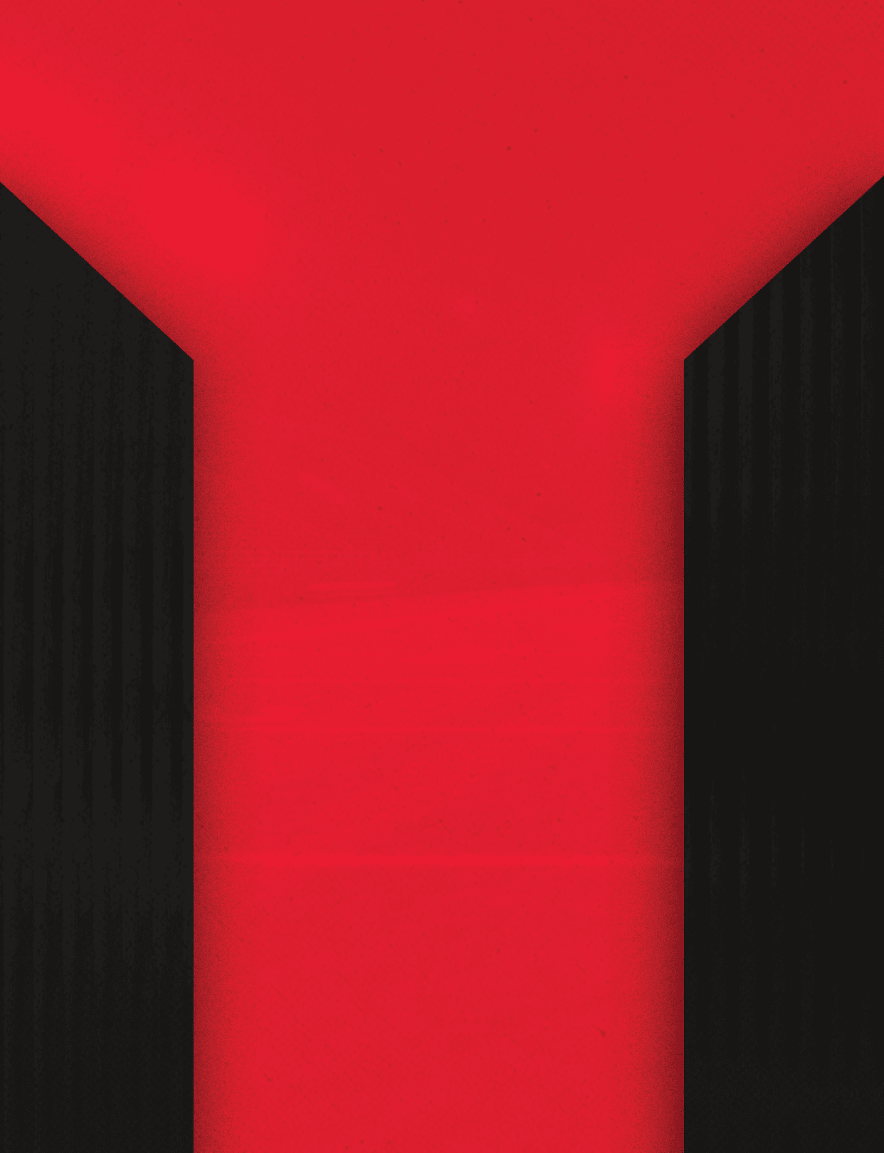 A bold red Y-shaped design is centered against a black background with subtle vertical stripes. Description generated by AI