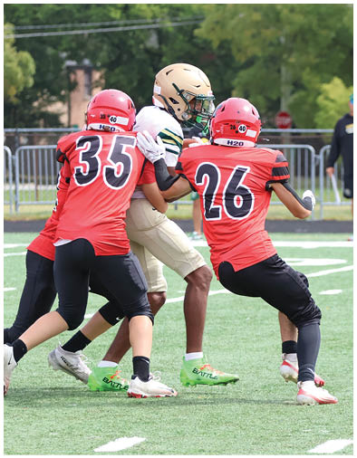 Three people wearing sports uniforms are engaged in a football play on a green field with white yard lines. Description generated by AI