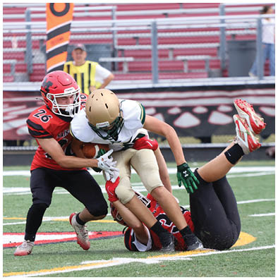 A group of children wearing football uniforms are playing on a field with one child in a red jersey tackling another child in a white and gold jersey who is holding the football. Description generated by AI