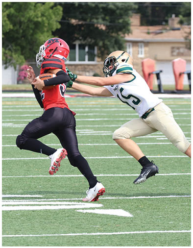 Two people in sports uniforms are running on a football field with one person reaching out toward the other. Description generated by AI