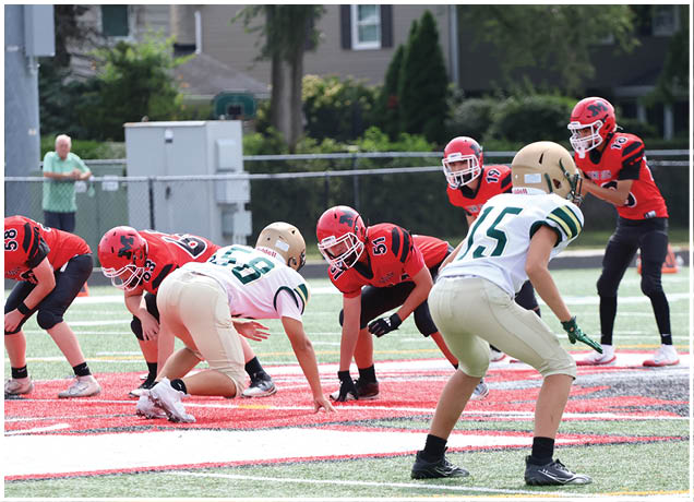 Several people in football uniforms are crouched on a field facing each other, preparing for a play. Description generated by AI