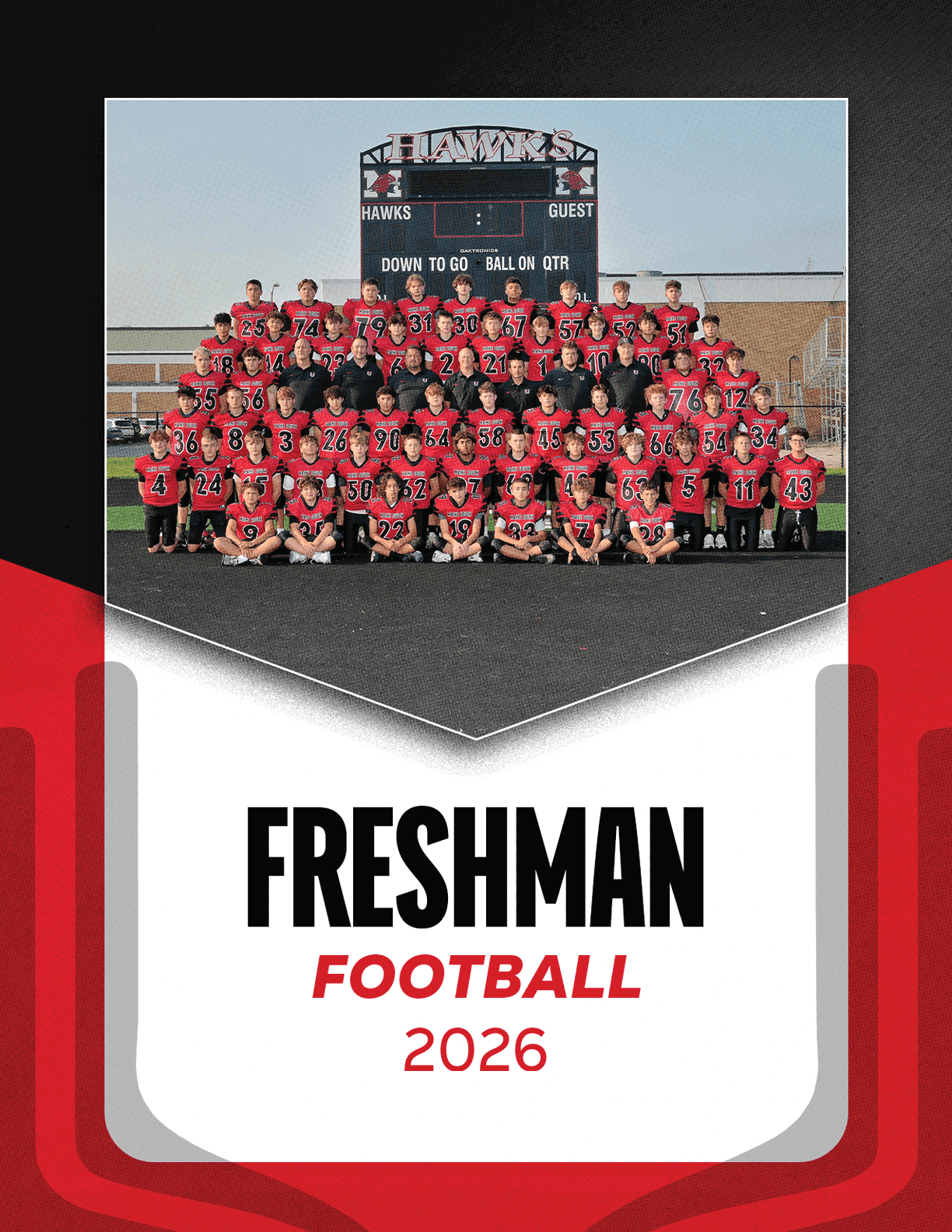 A large group of people wearing red football uniforms pose for a team photo on a field with a scoreboard in the background and the text “Freshman Football 2026" below. Description generated by AI