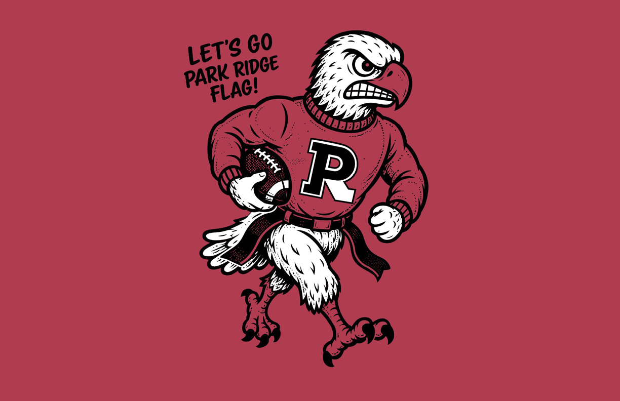 A stylized cartoon bird wearing a sweater with the letter R and holding a football while running. Description generated by AI