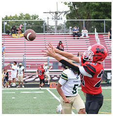 Two people in football uniforms are reaching out to catch a football on a field with bleachers and spectators in the background. Description generated by AI