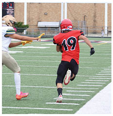 Two people in football uniforms are on a field with one running near the sideline while the other reaches out to tag them. Description generated by AI