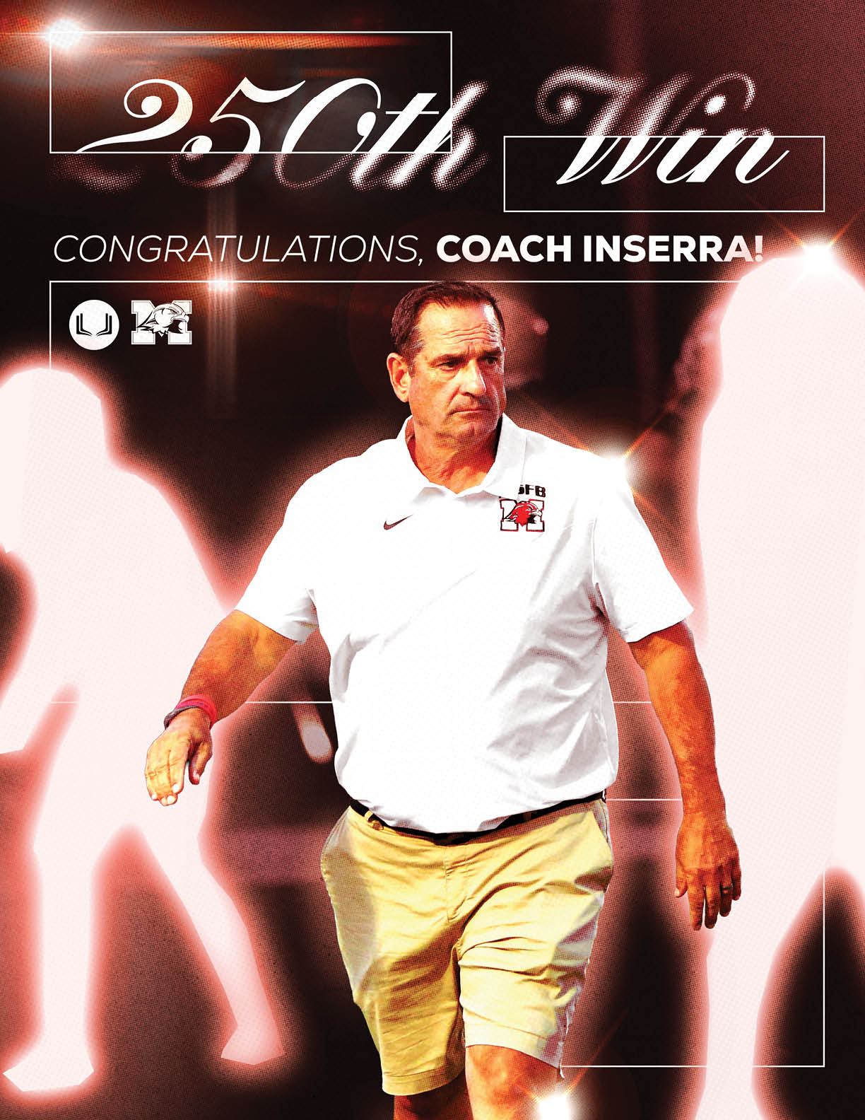 An adult wearing a white polo shirt and khaki shorts is walking confidently in front of a background celebrating a 250th win for Coach Inserra. Description generated by AI