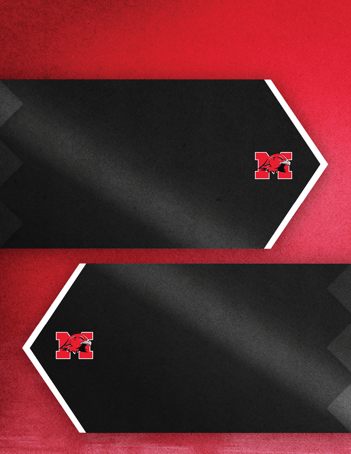 Two black arrow-shaped banners with white borders and red logos featuring a stylized letter M and a hawk head are set against a textured red background. Description generated by AI