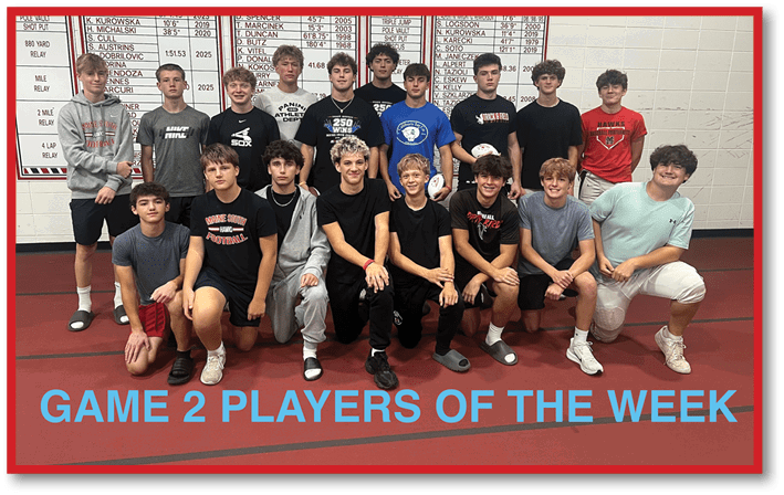 A group of people wearing casual and sports clothing pose together indoors on a gym floor in front of a wall with sports records and a banner reading “GAME 2 PLAYERS OF THE WEEK." Description generated by AI