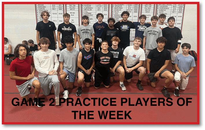 A group of people wearing casual sportswear pose together on an indoor court with banners on the wall behind them and text on the floor reading “GAME 2 PRACTICE PLAYERS OF THE WEEK." Description generated by AI