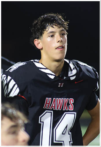 A person wearing a black football jersey with the number 14 and the word “HAWKS" stands on a field at night. Description generated by AI