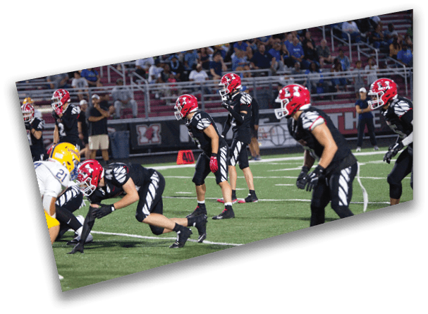 People in football uniforms are lined up on a field preparing for a play during a game with spectators in the background. Description generated by AI