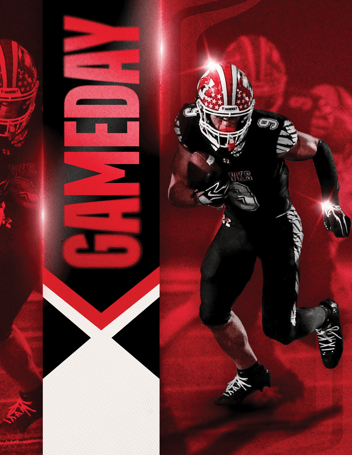 A person in a black football uniform with a red and white helmet is running with a football against a red and black background with the word GAMEDAY in bold red letters. Description generated by AI
