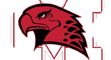 A stylized red hawk head with black detailing and a fierce expression is positioned over a faint outline of the letter M. Description generated by AI