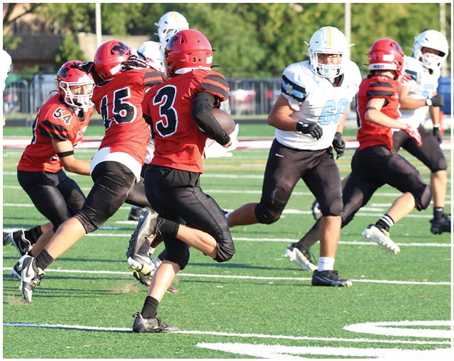 People wearing football uniforms are actively playing on a green field with one person holding the ball and others running nearby. Description generated by AI