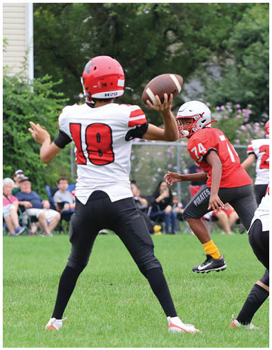 A person wearing a red helmet and white sports jersey with the number 18 is preparing to throw a football on a grassy field with seated spectators in the background. Description generated by AI