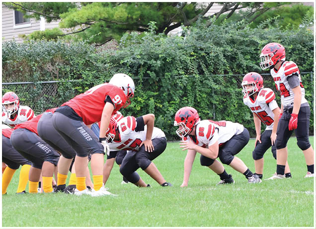 Two teams of youth football players in red and white uniforms are lined up facing each other on a grassy field preparing for a play. Description generated by AI