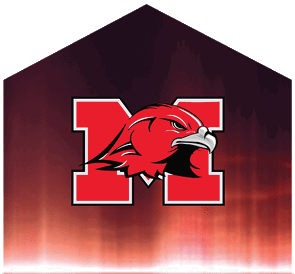 A stylized red hawk head is superimposed on a large red letter M with a dark gradient background. Description generated by AI