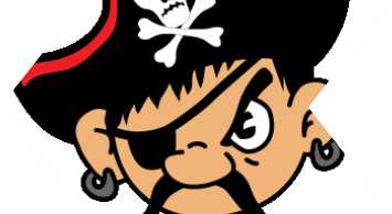 A cartoon pirate hat with a red trim and a white skull and crossbones symbol on the front. Description generated by AI