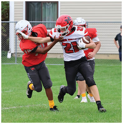 Two people wearing football uniforms are engaged in a play on a grassy field with one person extending an arm to block the other. Description generated by AI