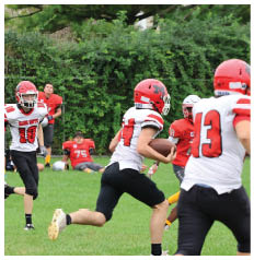People wearing red and white football uniforms are playing on a grassy field with some people in red jerseys sitting in the background near trees. Description generated by AI