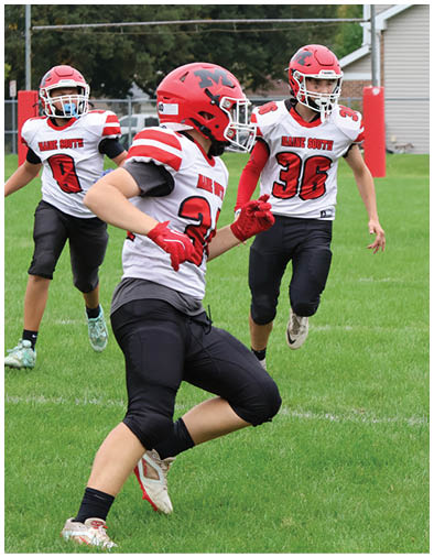 Two people wearing red helmets and white football jerseys with black pants are running on a grassy field during a game or practice. Description generated by AI