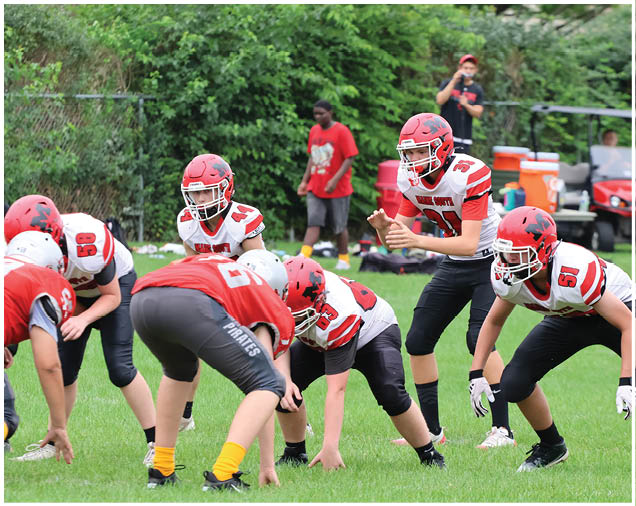 A group of people wearing football helmets and uniforms are positioned on a grassy field, preparing for a play during a game. Description generated by AI