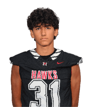 A person with curly hair wearing a black football jersey with the word “HAWKS" and the number 31 stands against a white background. Description generated by AI