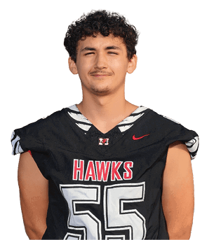 Person wearing a black sports jersey with the word “HAWKS" in red and white letters and a small red Nike logo. Description generated by AI