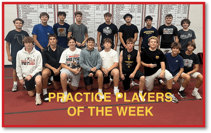 A group of people wearing casual athletic clothing pose together indoors on a red floor with a wall of sports records behind them and the text practice players of the week overlaid at the bottom. Description generated by AI
