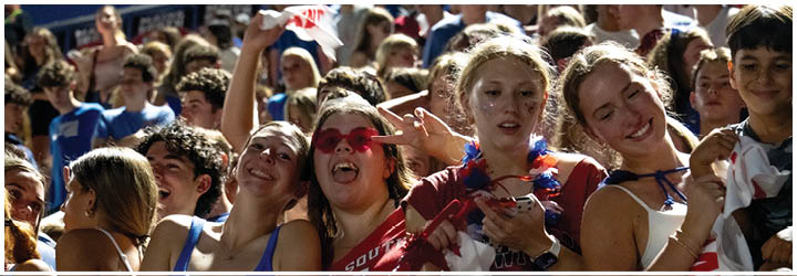 A group of people wearing festive clothing and accessories are smiling and enjoying themselves in a crowded outdoor setting. Description generated by AI