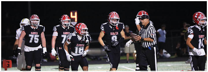 People in football uniforms and a referee are on a field with artificial turf during a nighttime game. Description generated by AI
