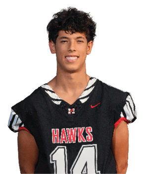 A person with curly hair is smiling and wearing a black sports jersey with the word “HAWKS" and the number 14 on it. Description generated by AI