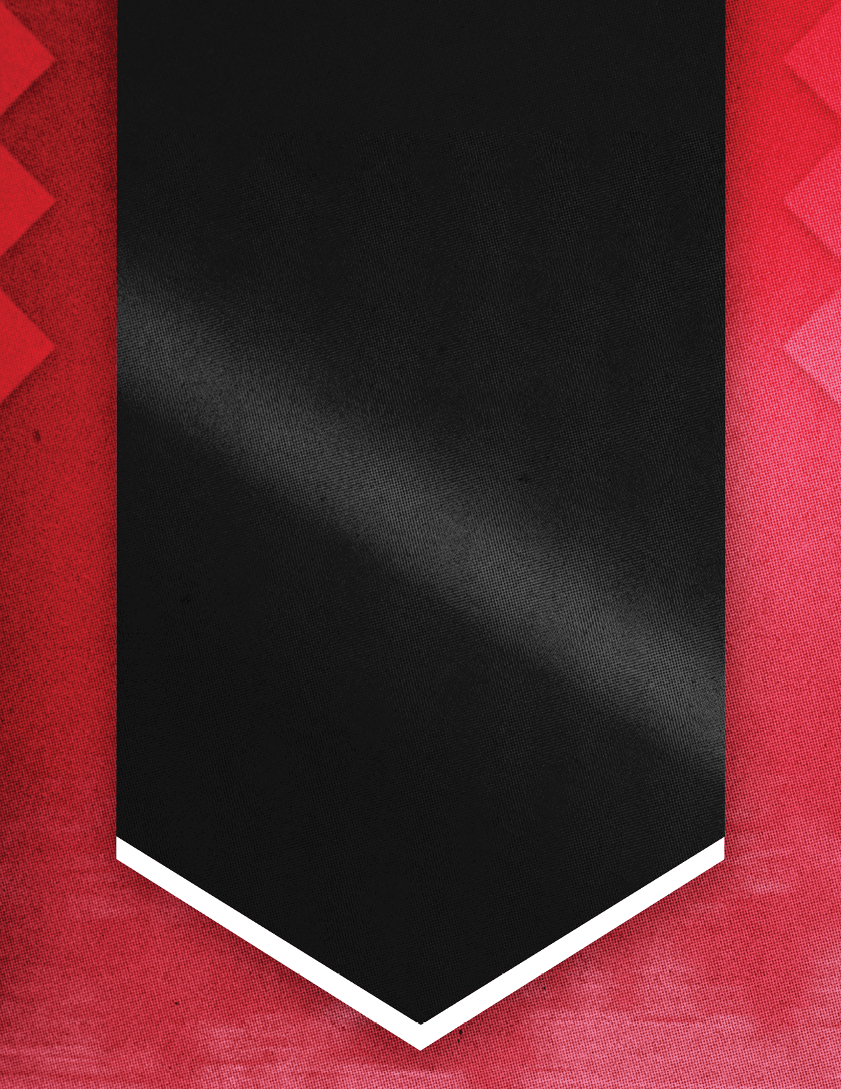 A black vertical banner with a white border at the bottom is centered on a red textured background with a zigzag pattern on the sides. Description generated by AI