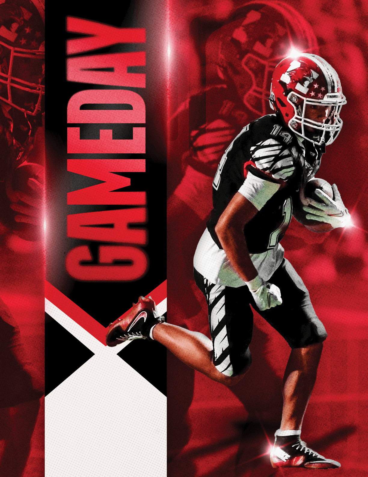 A person in a black and white football uniform with a red helmet is running while holding a football against a red and black background with the word GAMEDAY in large red letters. Description generated by AI