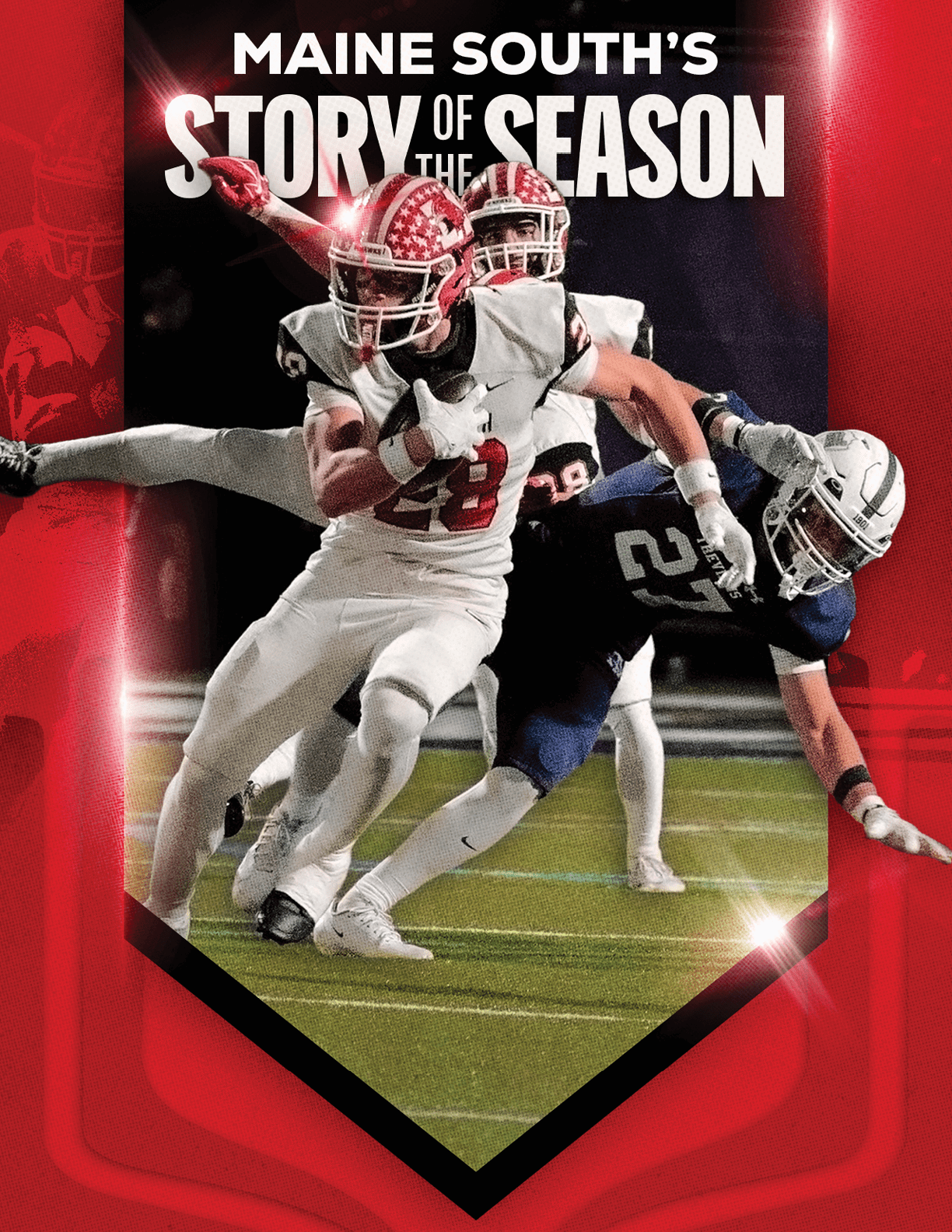 Two athletes in football uniforms are actively competing on a field with one player in white running with the ball while another in dark uniform attempts to tackle. Description generated by AI