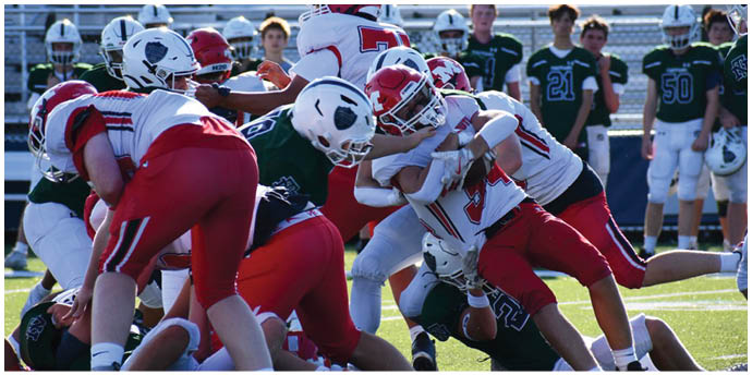 Several people in football uniforms are engaged in a tackle on a grassy field during a game. Description generated by AI