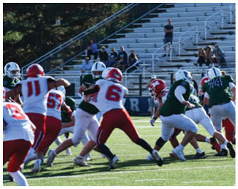 People wearing football uniforms are engaged in a play on a grassy field during a game. Description generated by AI